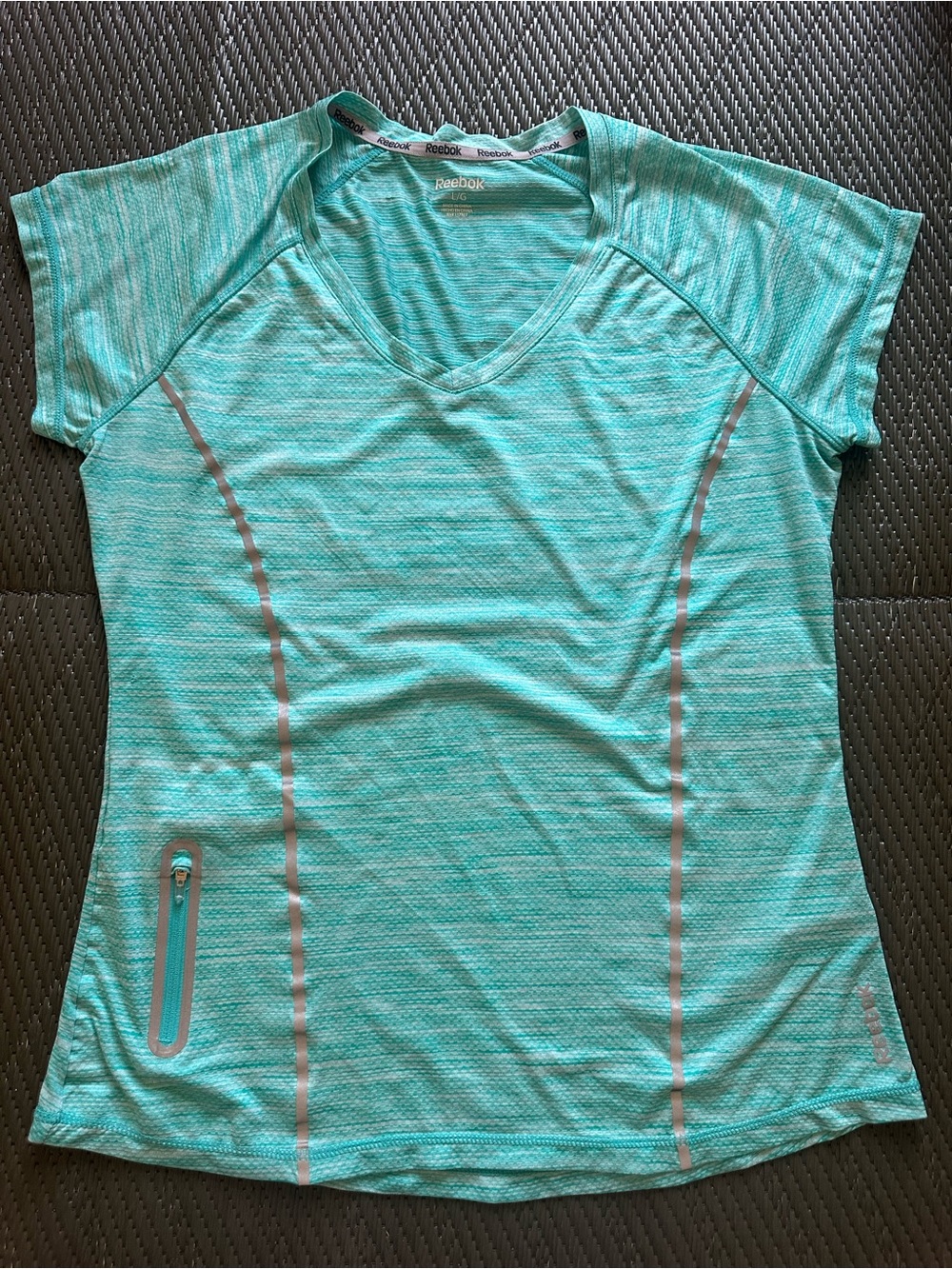 REEBOK Women's T Shirt Reflective Aqua Marled V Neck Side Zip Pocket Large - Picture 1 of 7